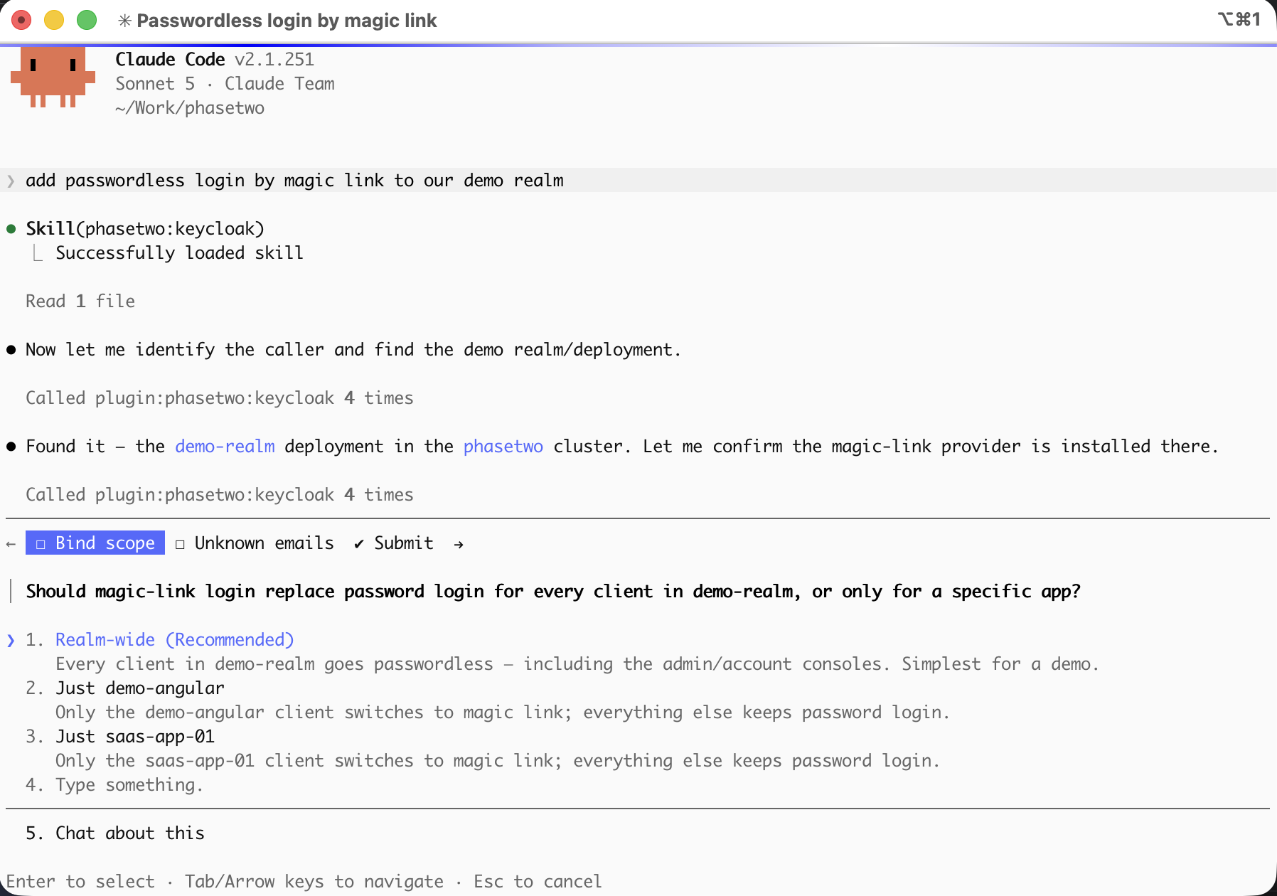 A Claude Code session configuring magic-link passwordless login on a Phase Two Keycloak realm through the Keycloak MCP server